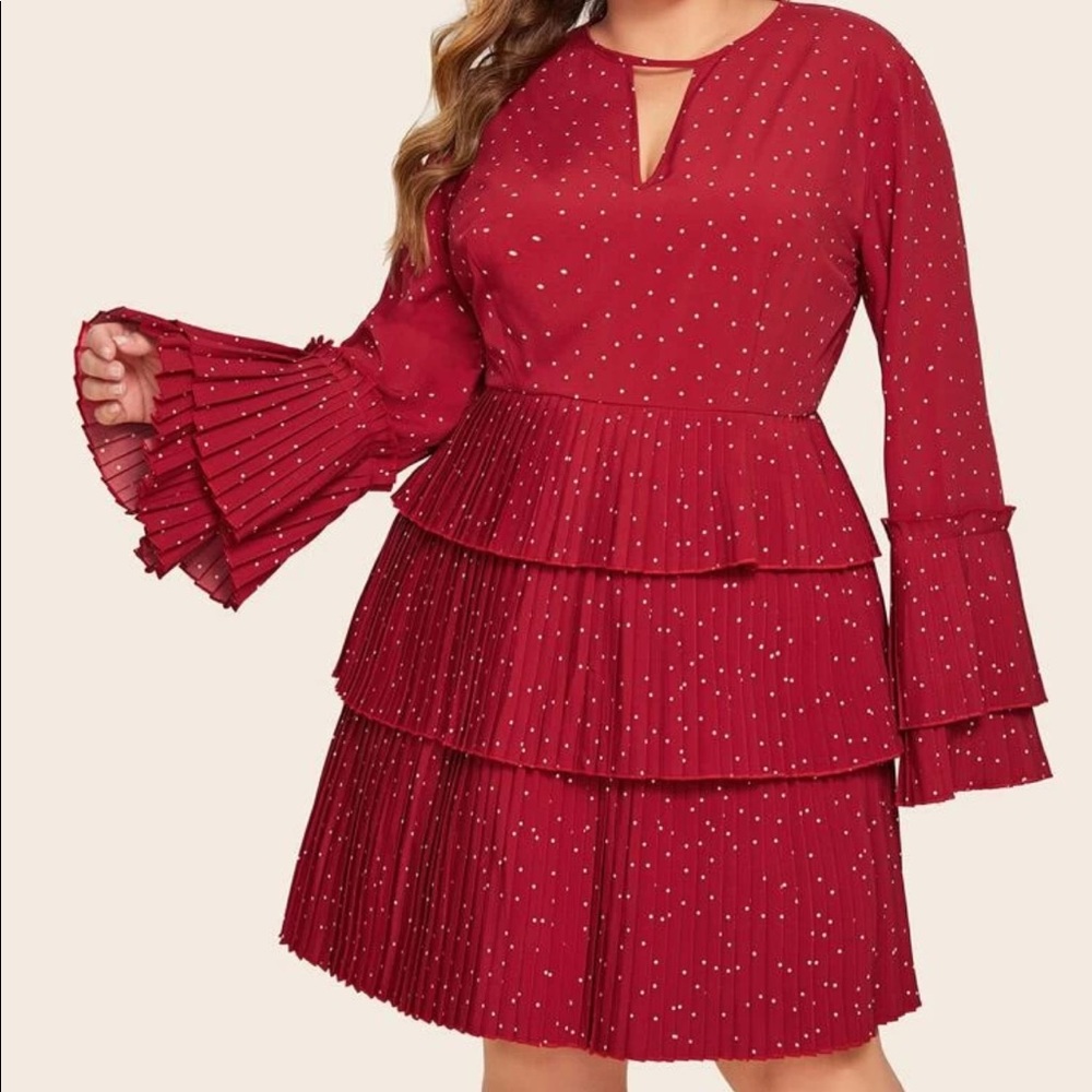 PLUS POLKA DOT TIERED LAYER PLEATED MIDI DRESS
